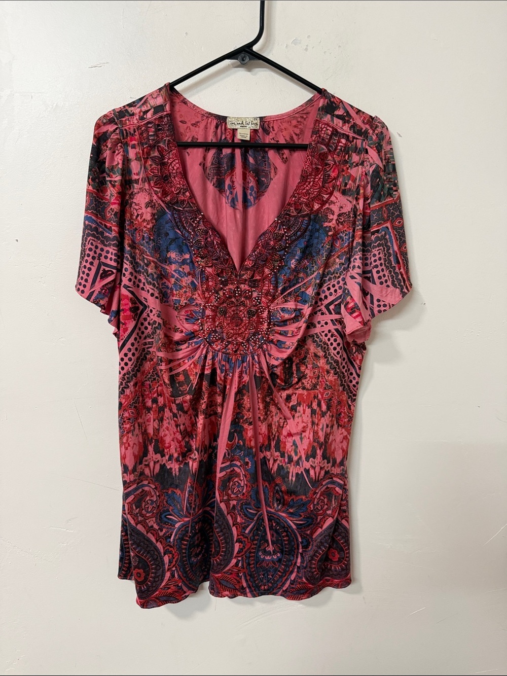 live and let live Pink and Blue Beaded V-Neck Top